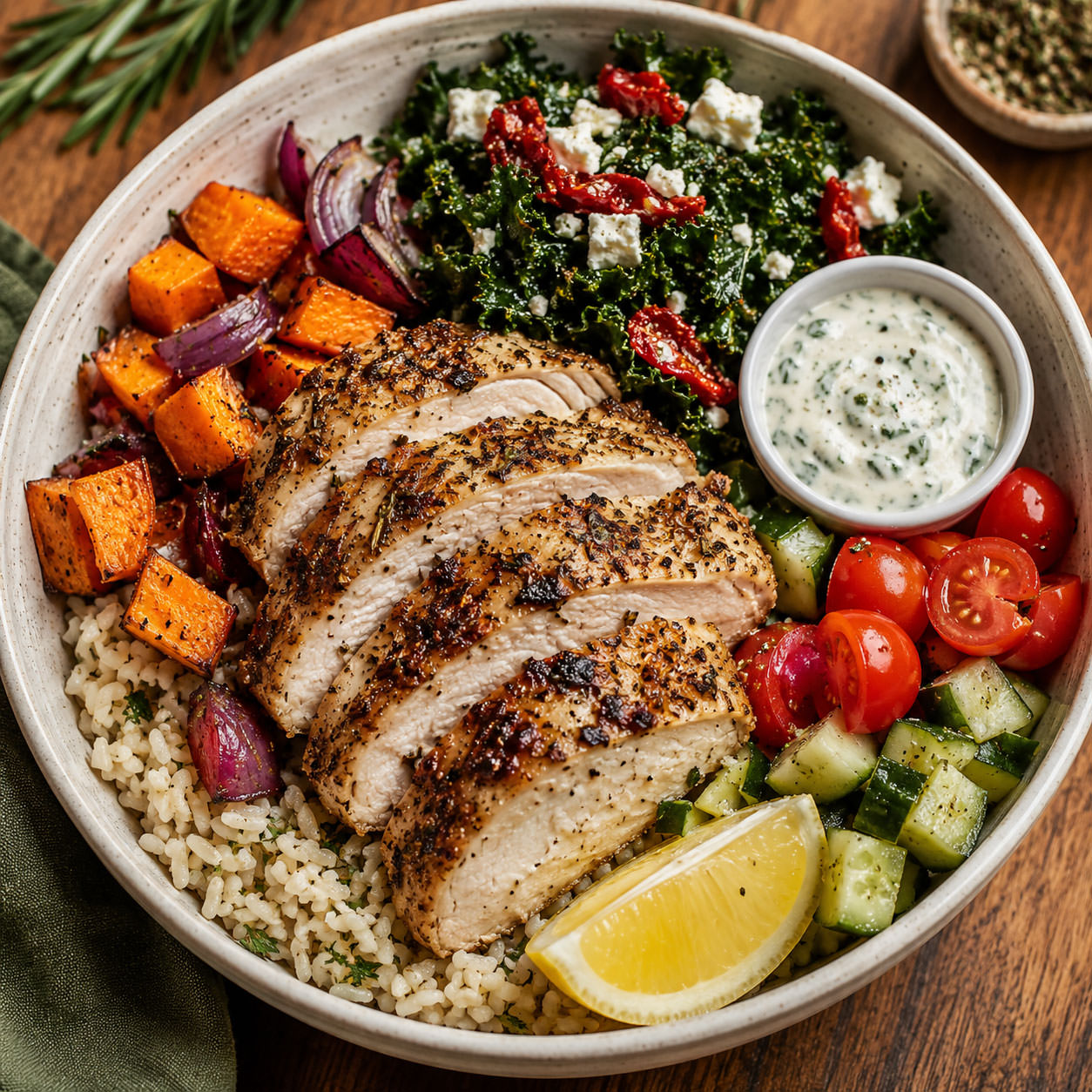 Herb-roasted chicken bowl with rice and vegetables