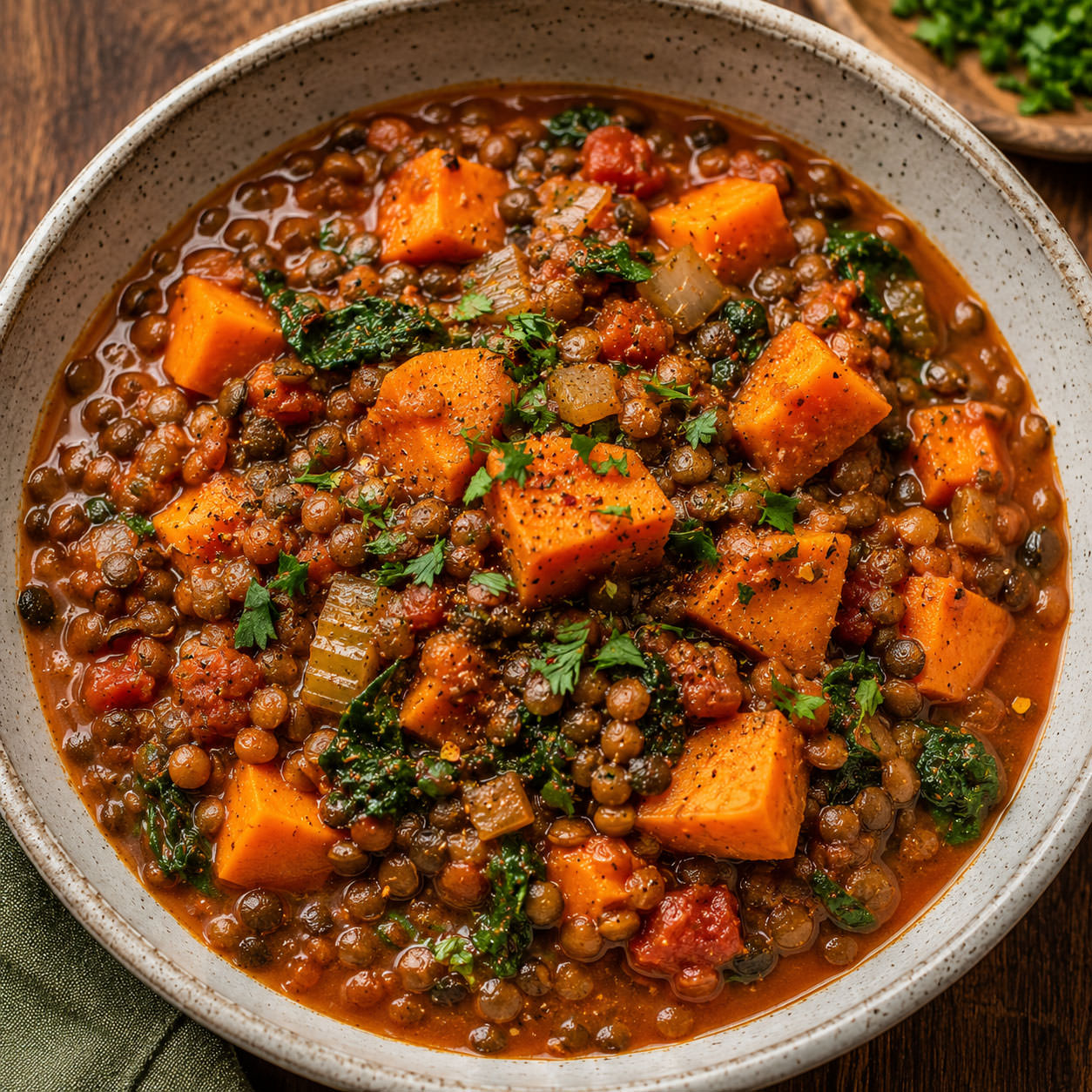 Lentil and sweet potato stew in a bowl