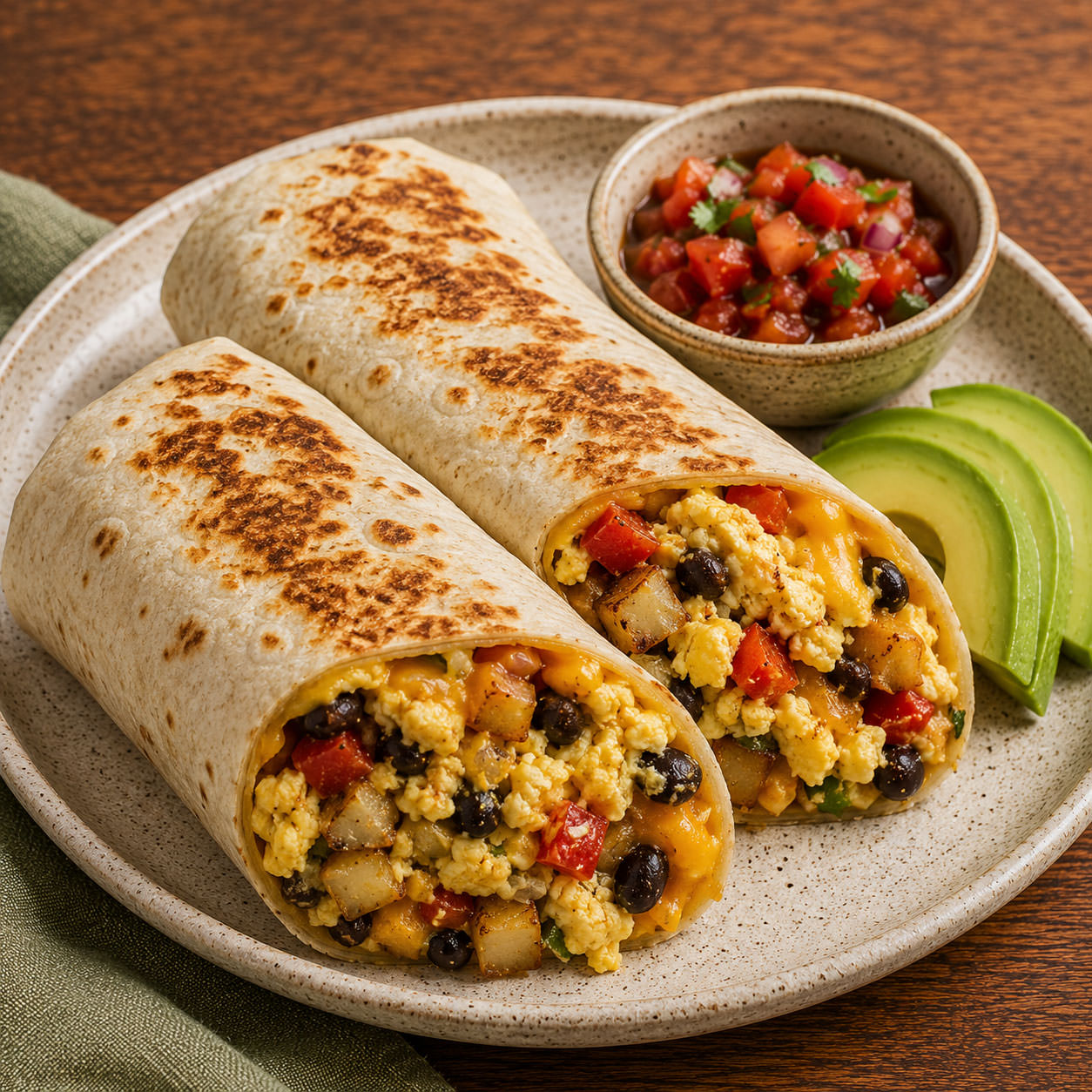 Breakfast burrito cut in half